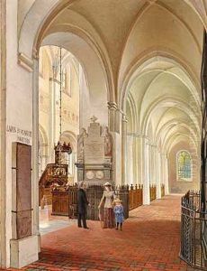 Kirkeinterior Med En Mor Og Datter I Samtale Med Praesten by Morten Jepsen