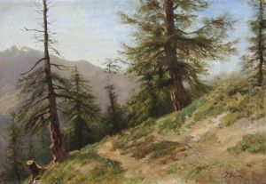 Wanderweg Mit Nadelbaumen Vor Gebirgskette by Jules Jequier