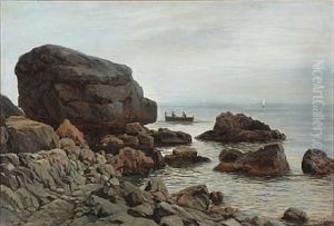 Rocky Coast Presumably From Capri With Two Persons In A Rowboat