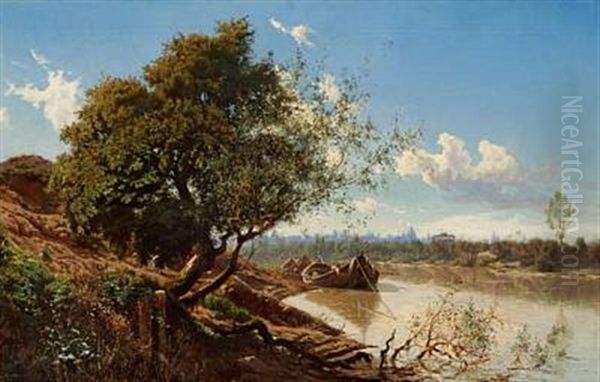 Boats Lying At Anchor On The Tiber, In The Background Rome - view 1