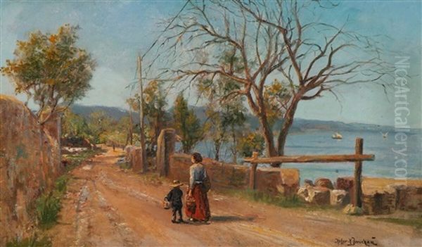 Italian Scene With Mother And Child Walking Along A Coastal Path - view 1