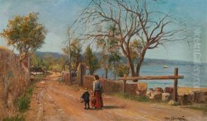 Italian Scene With Mother And Child Walking Along A Coastal Path