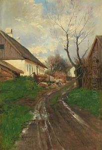 A Danish Village Street Scenery Fra Isterod by Holger Hvitfeldt Jerichau