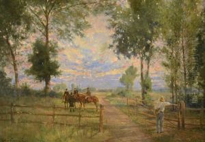 Pastoral Landscape With Three Men On Horseback Speaking With A Gentleman Wearing A Top Hat