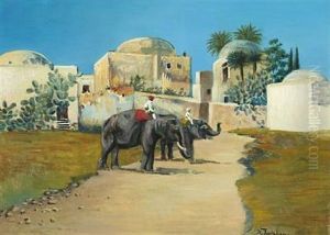 Oriental Scenery With Elephants And Men Outside A City