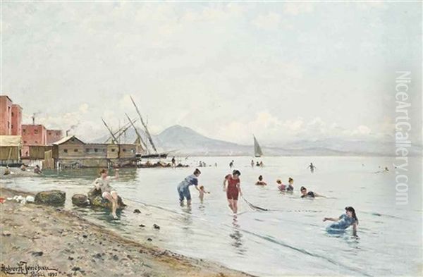 Bathers At Portici, Vesuvius Beyond - view 1