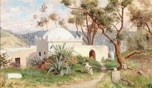 North African Landscape With Persons In Front Of A Church by Holger Hvitfeldt Jerichau