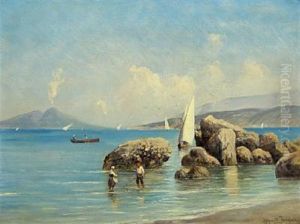 Italian Coastal Scenery With Fishing Children And Vesuv In The Background thumbnail