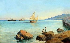 Sunny Italian Coastal Scenery With Boats And Fishing Man And Boy by Holger Hvitfeldt Jerichau