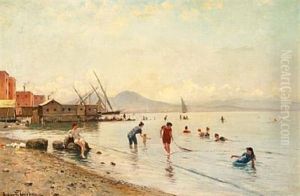 Women And Children On The Beach Of Portici Near Mount Vesuvius In The Bay Of Naples