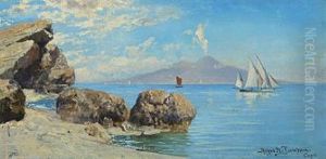 Coastal Scenery From Capri With The Smoking Vesuvius In The Background by Holger Hvitfeldt Jerichau