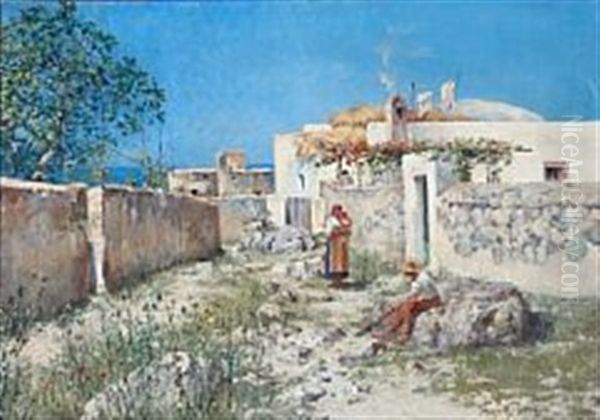 Young Couple With Their Child Outside A House, Presumably On Capri - view 1