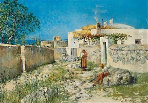 Young Couple With Their Child Outside A House (capri?) - view 1