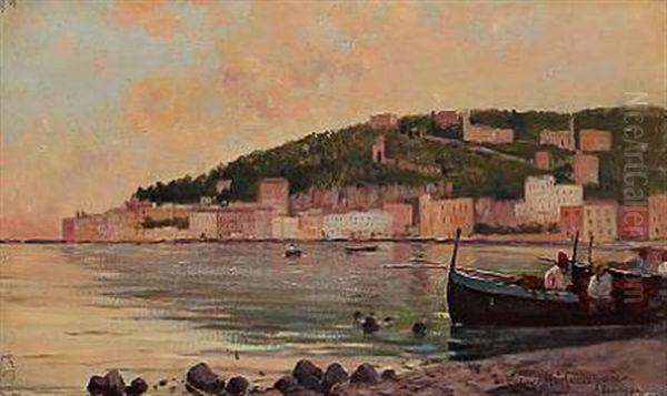 Coastal Scene From Posilipo In Italy With Fishermen On The Way Out In Their Rowboats - view 1