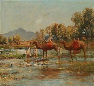 Bedouins With Camels At A River