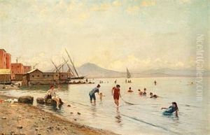 Women And Children On The Beach Of Portici At The Foot Of Mount Vesuvius In The Bay Of Naples