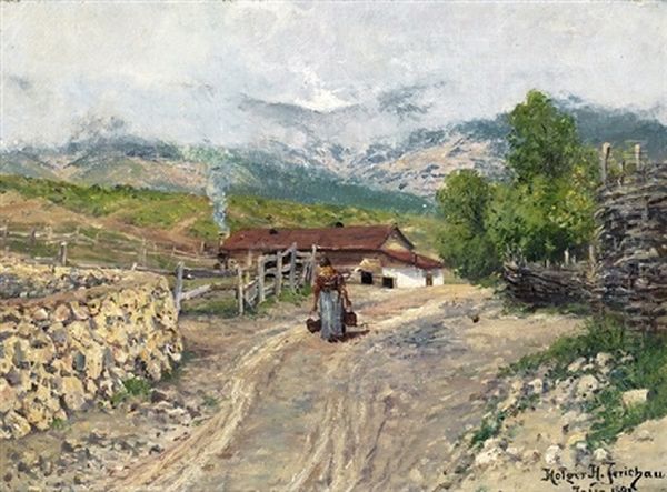 Parti Fra Jalta Med Kone Pa Landevej Ved Bondegard, I Baggrunden Udsigt Til Bjergene - view 1