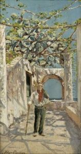 Parti Fra Italien, Aeldre Mand Staende I Pergola, Med Havet I Baggrunden