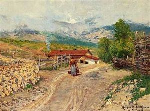 Bjerglandskab Med Et Bondehus Og En Bondekone, Der Henter Vand by Holger Hvitfeldt Jerichau