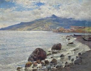 Kystparti Fra Jalta Pa Krim, I Forgrunden Optrukne Bade Pa Stranden, I Baggrunden Bebyggelse Og Bjergmassiv by Holger Hvitfeldt Jerichau