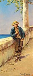 Piberygende Italiensk Dreng, I Baggrunden Skimtes Havet by Holger Hvitfeldt Jerichau