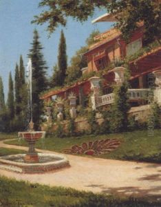 Sommerdag I En Italiensk Have Med Springvand, I Baggrunden Villa