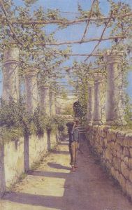 Parti Fra En Italiensk Pergola Med En Mand Baerende En Vandmelon