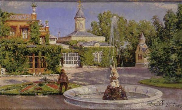 Ansicht Eines Schloschens Mit Springbrunnen Und Orthodoxer Kapelle An Einem Prachtvollen Sommertag - view 1