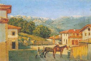 Shoeing The Horse, Alpine View Beyond by Holger Hvitfeldt Jerichau