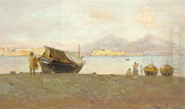 Optrukne Bade Pa Stranden Ved Neapel, I Baggrunden Castel D'ovo - view 1