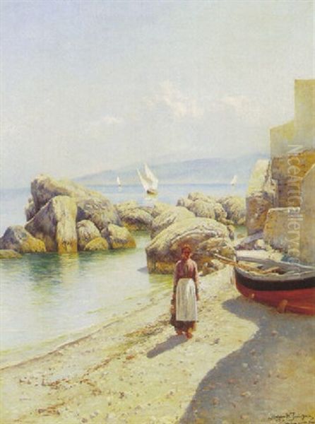Parti Fra Marina Grande, Capri, Med Ung Kvinde Og Jolle Pa Stranden, I Baggrunden Sejlskibe Pa Vandet - view 1