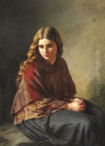 Seated Girl With Folded Hands And On Her Shoulders A Checked Shawl