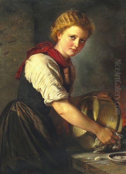 Young Girl Polishing A Copper Pot - view 1