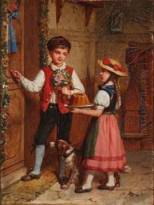 A Boy And A Girl With Cake And Flowers Knocking On A Door