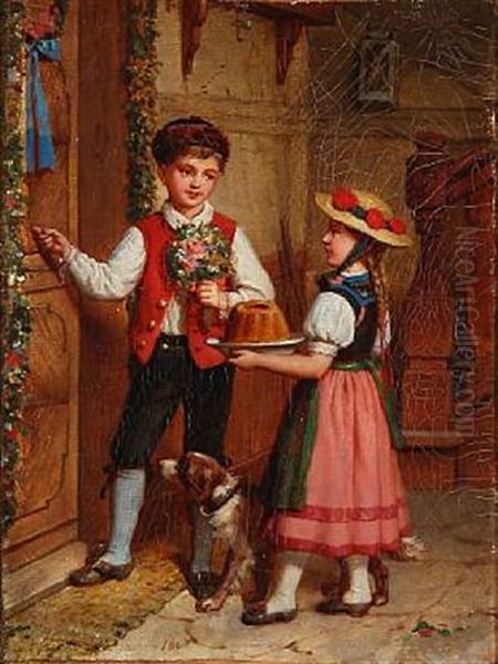 A Boy And A Girl With Cake And Flowers Knoking On A Door - view 1