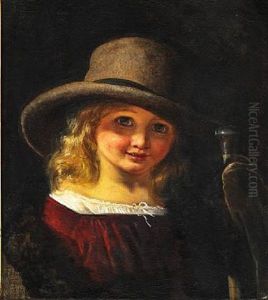 A Little Fair-haired Girl With A Large Hat And A Walking Stick