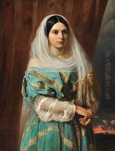 Dark-haired Beauty In A Turquoise Dress With Golden Ribbons. Around Her Head A Tulle Scarf With Golden Fringes by Elisabeth Anna Maria Jerichau-Baumann