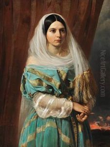 Dark-haired Beauty In A Turquoise Dress With Golden Ribbons by Elisabeth Anna Maria Jerichau-Baumann