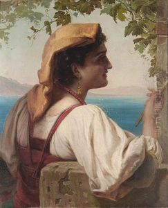 An Italian Maiden Mending Nets On The Bay Of Naples by Elisabeth Anna Maria Jerichau-Baumann
