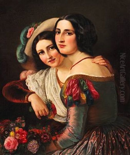 Two Young Italian Women Dressed In Colorful Gowns For The Carnival - view 1