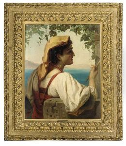 An Italian Maiden Mending Nets On The Bay Of Naples, Vesuvius Beyond
