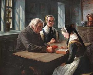 En Ung Pige Laeser Op Af Bibelen, Bedsteforaeldrene Lytter Andaegtigt by Elisabeth Anna Maria Jerichau-Baumann
