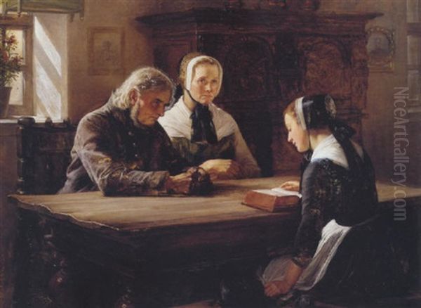Ung Pige Laeser Op Fra Bibelen, Bedsteforaeldrene Lytter Andaegtigt - view 1