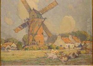 Cows Resting Beside A Windmill Cows Resting Beside A Windmill