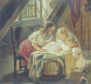 Interior Med Tre Smapiger Omkring En Vugge Med Et Sovende Barn by Elisabeth Anna Maria Jerichau-Baumann