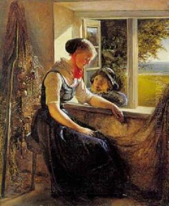 Fisker, Der Gor Kur Til En Ung Pige, Some Reparerer Et Fiskenet by Elisabeth Anna Maria Jerichau-Baumann