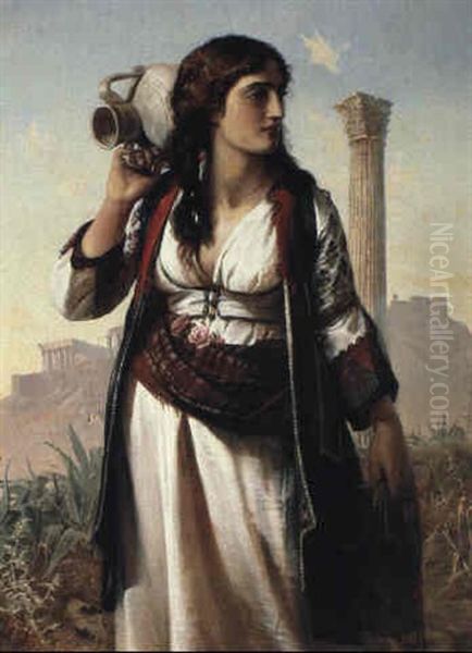 Greek Girl Standing Before The Acropolis - view 1