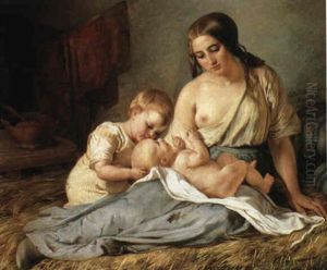En Moder Med Blottet Bryst Siddende Med Sine To Born En Moder Med Blottet Bryst Siddende Med Sine To Born