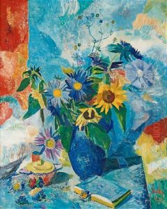 Still Life With Flowers In Blue Vase by Erik Jerken