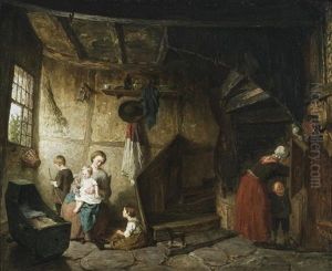 Im Bauerlichen Heim. Junge Mutter Mit Ihren Kindern Am Fenster by August Jernberg